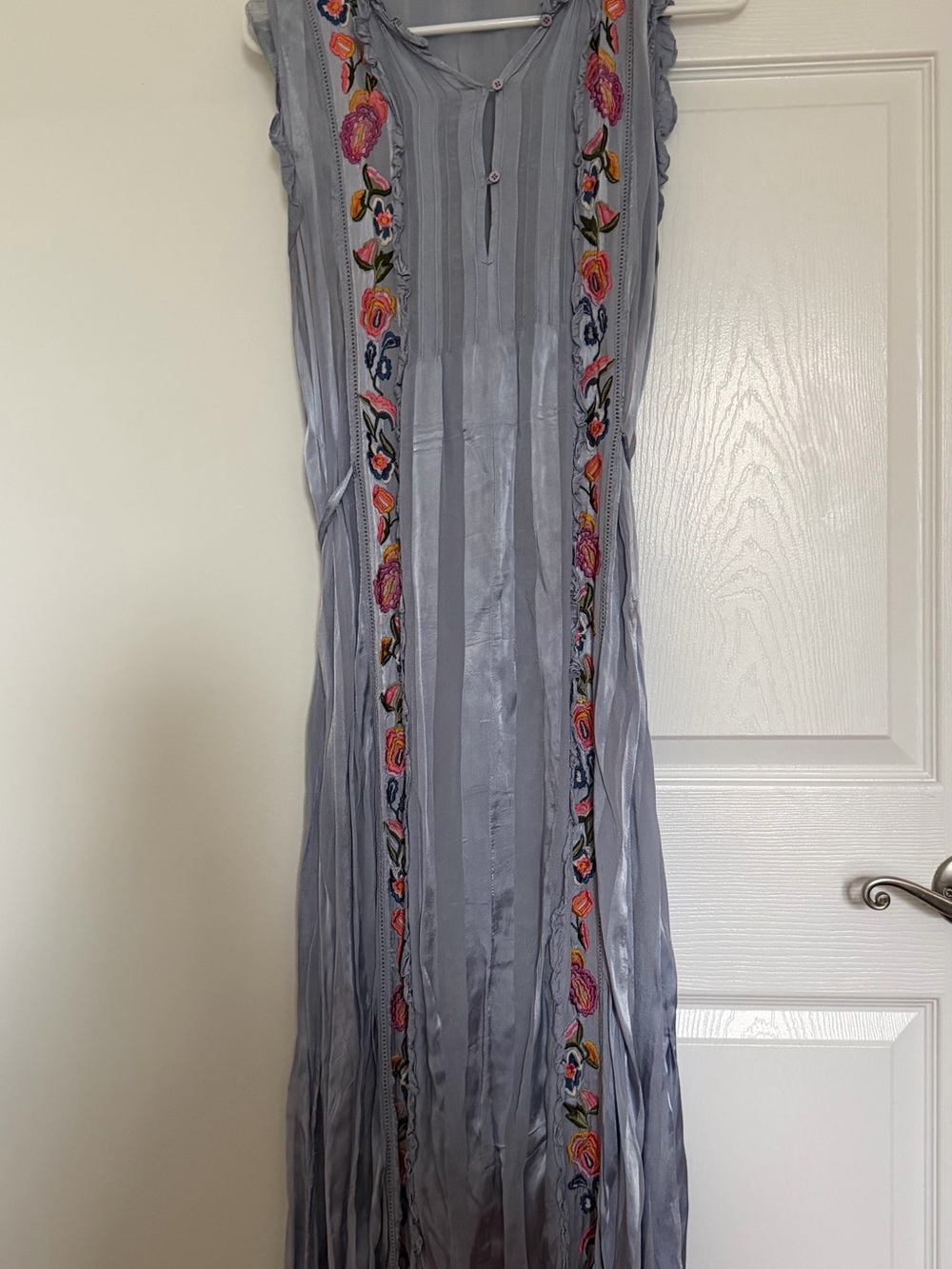 French Connection Light Gray Maxi Dress with Pink & Orange Floral Embroidery